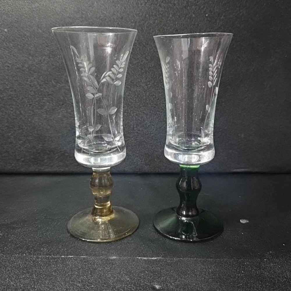 Etched Leaves Cordial Glasses, Set of 2, Vintage Green‎ & Yellow Stem Stemware